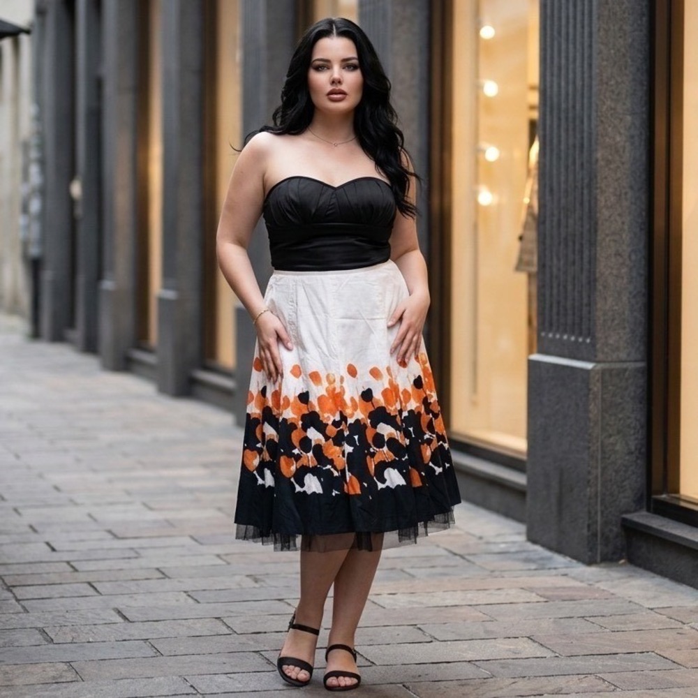 Nygard Collection Womens Orange Black Floral Abstract A-Line Midi Skirt Size 16
